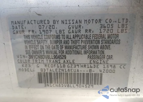 2020 Nissan Versa S Xtronic Cvt z USA, uszkodzony, nr VIN 3N1CN8DV8LL904529